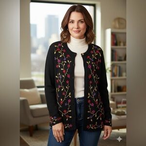 Arriviste Black Floral Embroidered Cardigan Sweater Beaded Detail Size M